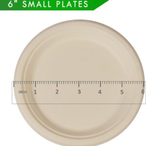 "6-inch round compostable plate made from sustainable sugarcane fiber for desserts, appetizers and eco-friendly food service"