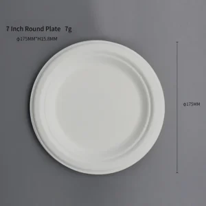 7-inch round compostable plates bulk wholesale, sustainable sugarcane fiber disposable plates for food service businesses